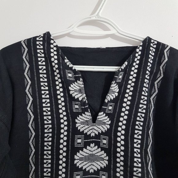 Tribal Pattern Black Tunic Shirt with Band Collar - Picture 2 of 13